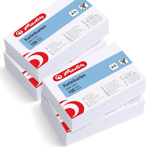 herlitz Karteikarten A5 blanko Weiß, 170g/m² holzfrei, 4 x 100 Stück (insgesamt 400 Karten), stabile Karteikarten für Schule, Studium & Büro von Herlitz