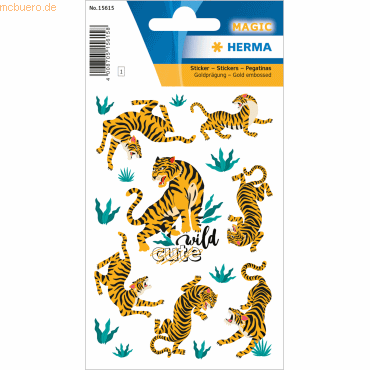 10 x HERMA Sticker Wilder Tiger edle Goldprägung von Herma