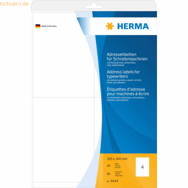HERMA Adress-Etiketten 105x144mm auf A4-Blättern Ecken spitz VE=80 Stü von Herma