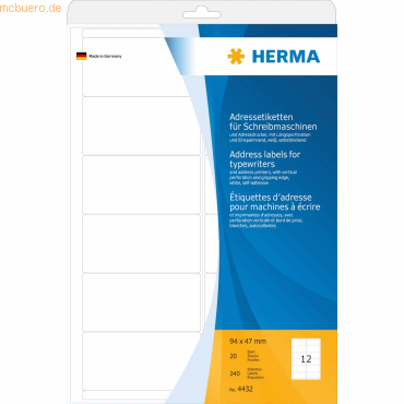 HERMA Adress-Etiketten 94x47mm auf A4-Blättern Ecken rund VE=240 Stück HERMA Adress-Etiketten 94x47mm auf A4-Blättern Ecken rund VE=240 Stück von Herma