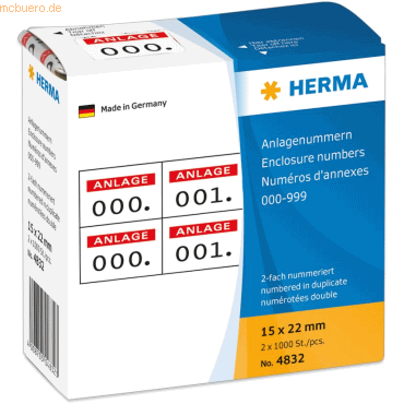 HERMA Anlagenummern selbstklebend 2-fach Aufdruck rot VE=2x1000 Stück HERMA Anlagenummern selbstklebend 2-fach Aufdruck rot VE=2x1000 Stück von Herma