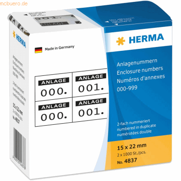 HERMA Anlagenummern selbstklebend 2-fach Aufdruck schwarz VE=2x1000 St von Herma