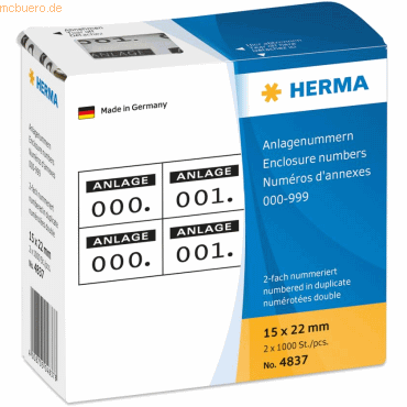HERMA Anlagenummern selbstklebend 2-fach Aufdruck schwarz VE=2x1000 St HERMA Anlagenummern selbstklebend 2-fach Aufdruck schwarz VE=2x1000 St von Herma