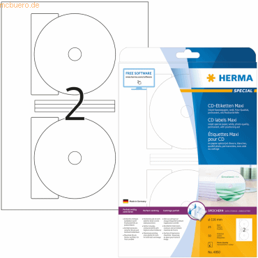 HERMA CD-Etiketten weiß Maxi Durchmesser 116mm Special A4 Inkjet 50 St von Herma