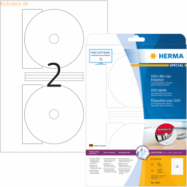 HERMA DVD-/Blu-ray-Etiketten weiß Durchmesser 116mm Special A4 VE= 50 von Herma