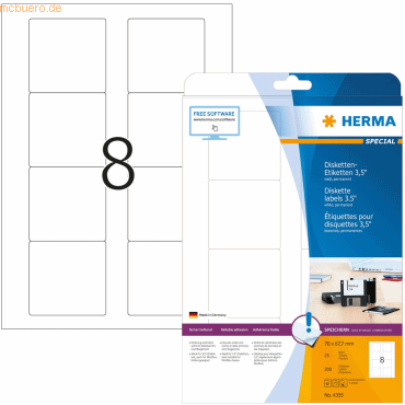HERMA Disketten-Etiketten weiß 3,5 70x67,7mm Special A4 VE=200 Stück von Herma