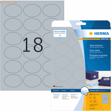 HERMA Etiketten Folie silber 58,4x42,3mm oval Special A4 LaserCopy VE= HERMA Etiketten Folie silber 58,4x42,3mm oval Special A4 LaserCopy VE= von Herma