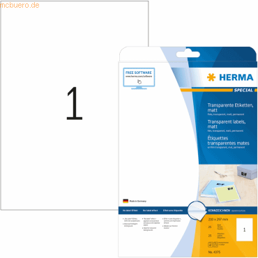 HERMA Etiketten Folie transparent 210x297mm Special A4 LaserCopy VE=25 HERMA Etiketten Folie transparent 210x297mm Special A4 LaserCopy VE=25 von Herma