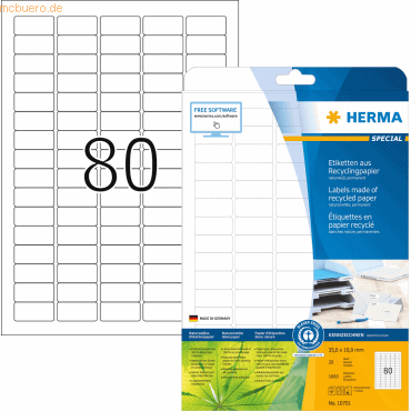 HERMA Etiketten Recyclingpapier A4 35,6x16,9mm weiß VE=20 Blatt/1600 S von Herma