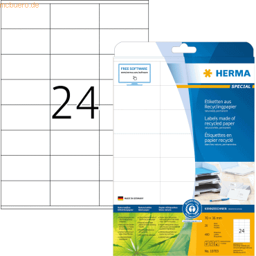 HERMA Etiketten Recyclingpapier A4 70x36mm weiß VE=20 Blatt/480 Stück von Herma