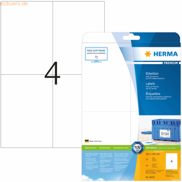 HERMA Etiketten weiß 105x148mm Premium A4 VE=40 Stück HERMA Etiketten weiß 105x148mm Premium A4 VE=40 Stück von Herma
