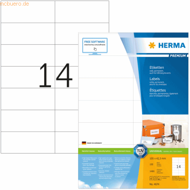 HERMA Etiketten weiß 105x42,3mm Premium A4 VE=1400 Stück HERMA Etiketten weiß 105x42,3mm Premium A4 VE=1400 Stück von Herma