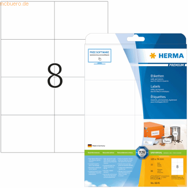 HERMA Etiketten weiß 105x74mm Premium A4 VE=80 Stück HERMA Etiketten weiß 105x74mm Premium A4 VE=80 Stück von Herma