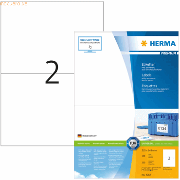 HERMA Etiketten weiß 210x148mm Premium A4 VE=200 Stück HERMA Etiketten weiß 210x148mm Premium A4 VE=200 Stück von Herma