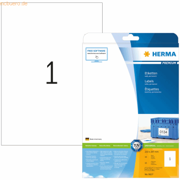 HERMA Etiketten weiß 210x297mm Premium A4 VE=10 Stück HERMA Etiketten weiß 210x297mm Premium A4 VE=10 Stück von Herma