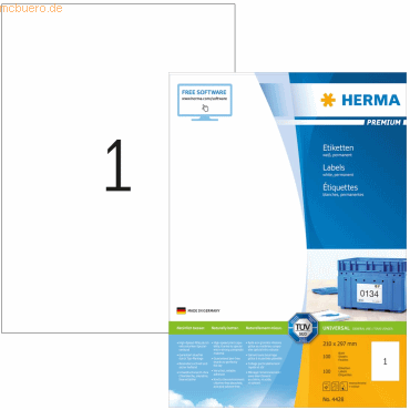 HERMA Etiketten weiß 210x297mm Premium A4 VE=100 Stück HERMA Etiketten weiß 210x297mm Premium A4 VE=100 Stück von Herma