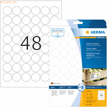 HERMA Etiketten weiß 30 mm rund Power A4 VE=1200 Stück von Herma