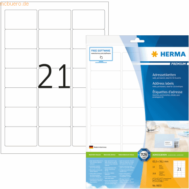 HERMA Etiketten weiß 63,5x38,1mm Premium A4 VE=210 Stück von Herma
