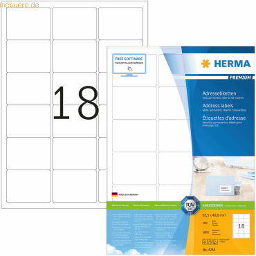 HERMA Etiketten weiß 63,5x46,6mm Premium A4 VE=1800 Stück von Herma