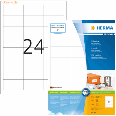 HERMA Etiketten weiß 64,6x33,8mm Premium A4 VE=2400 Stück von Herma