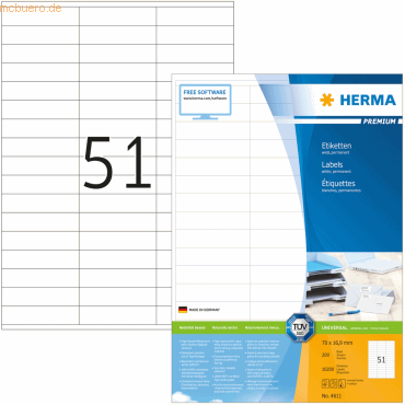 HERMA Etiketten weiß 70x16,9mm Premium A4 VE=10200 Stück von Herma