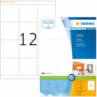 HERMA Etiketten weiß 70x67,7mm Premium A4 VE=1200 St HERMA Etiketten weiß 70x67,7mm Premium A4 VE=1200 St von Herma