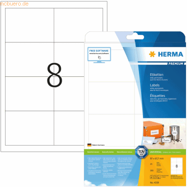 HERMA Etiketten weiß 96,5x67,7mm Premium A4 VE=200 Stück HERMA Etiketten weiß 96,5x67,7mm Premium A4 VE=200 Stück von Herma