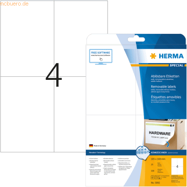 HERMA Etiketten weiß Movables/ablösbar 105x148mm Special A4 VE=100 Stü HERMA Etiketten weiß Movables/ablösbar 105x148mm Special A4 VE=100 Stü von Herma