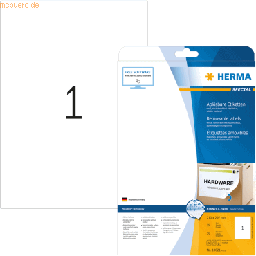 HERMA Etiketten weiß Movables/ablösbar 210x297mm Special A4 VE=25 Stüc von Herma