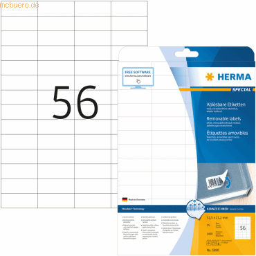HERMA Etiketten weiß Movables/ablösbar 52,5x21,2mm Special A4 VE=1400S von Herma