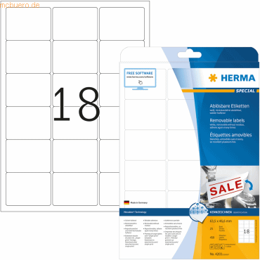 HERMA Etiketten weiß Movables/ablösbar 63,5x46,6mm Special A4 VE=450 S von Herma