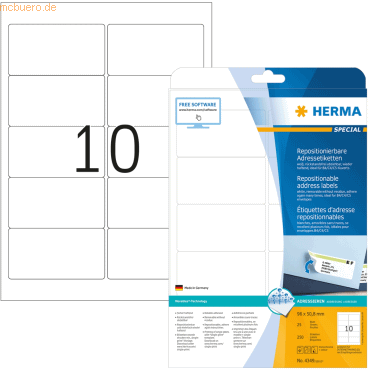 HERMA Etiketten weiß Movables/ablösbar 96x50,8mm Special A4 VE=250 Stü HERMA Etiketten weiß Movables/ablösbar 96x50,8mm Special A4 VE=250 Stü von Herma