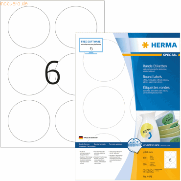 HERMA Etiketten weiß Movables/ablösbar Durchmesser 85mm Special A4 VE= von Herma