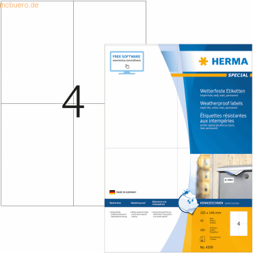 HERMA Inkjet-Etiketten A4 105,0x148,0mm weiß Folie VE=160 Stück von Herma