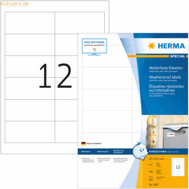 HERMA Inkjet-Etiketten A4 97,0x42,3mm weiß Folie VE=480 Stück von Herma