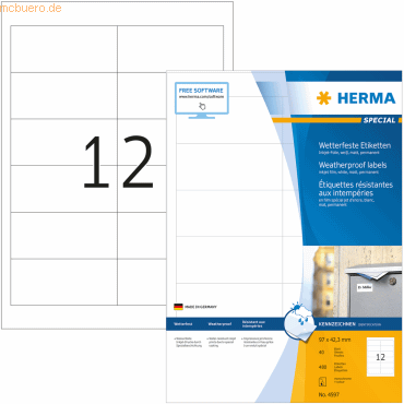 HERMA Inkjet-Etiketten A4 97,0x42,3mm weiß Folie VE=480 Stück HERMA Inkjet-Etiketten A4 97,0x42,3mm weiß Folie VE=480 Stück von Herma