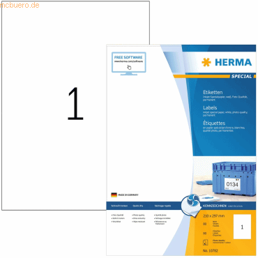 HERMA Inkjet-Etiketten weiß 210x297mm Special A4 VE=80 Stück HERMA Inkjet-Etiketten weiß 210x297mm Special A4 VE=80 Stück von Herma