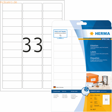HERMA Inkjet-Etiketten weiß 63,5x25,4mm Special A4 VE=825 Stück HERMA Inkjet-Etiketten weiß 63,5x25,4mm Special A4 VE=825 Stück von Herma