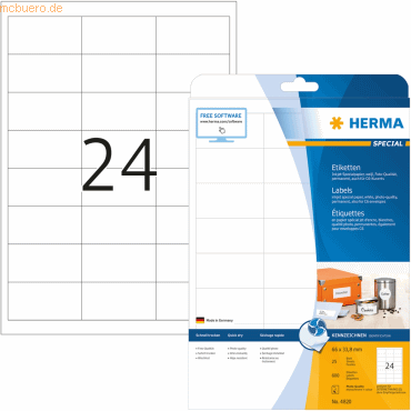 HERMA Inkjet-Etiketten weiß 66x33,8mm Special A4 VE=600 Stück von Herma