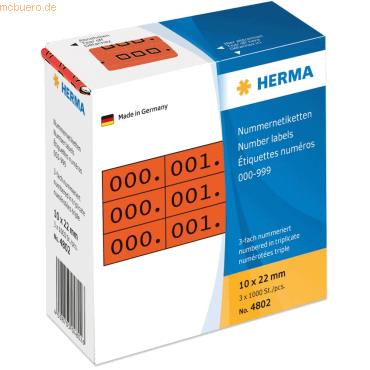 HERMA Nummernetiketten dreifach selbstklebend rot/schwarz VE=3x1000 St von Herma