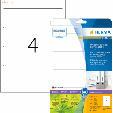 HERMA Ordneretiketten Recyclingpapier A4 192x61mm weiß VE=20 Blatt/80 HERMA Ordneretiketten Recyclingpapier A4 192x61mm weiß VE=20 Blatt/80 von Herma