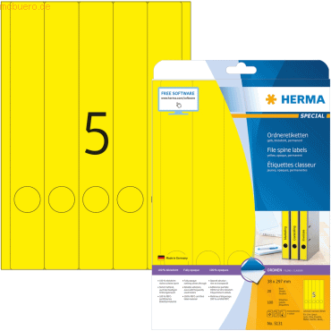 HERMA Ordneretiketten gelb 38x297mm Special A4 VE=100 Stück von Herma