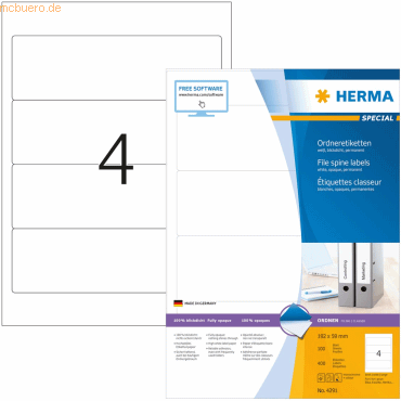 HERMA Ordneretiketten weiß 192x59mm Special A4 VE=400 Stück HERMA Ordneretiketten weiß 192x59mm Special A4 VE=400 Stück von Herma