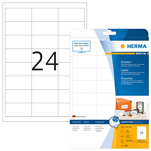HERMA 4820 Universal Etiketten für Inkjet Drucker, 25 Blatt, 66 x 33,8 mm, 24 pro A4 Bogen, 600 Stück, selbstklebend, bedruckbar, matt, blanko Klebeetiketten Aufkleber für Tintenstrahldrucker, weiß von HERMA