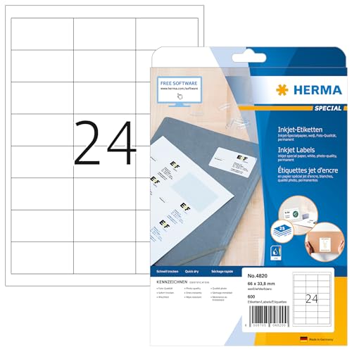 HERMA 4820 Universal Etiketten für Inkjet Drucker, 25 Blatt, 66 x 33,8 mm, 24 pro A4 Bogen, 600 Stück, selbstklebend, bedruckbar, matt, blanko Klebeetiketten Aufkleber für Tintenstrahldrucker, weiß von HERMA