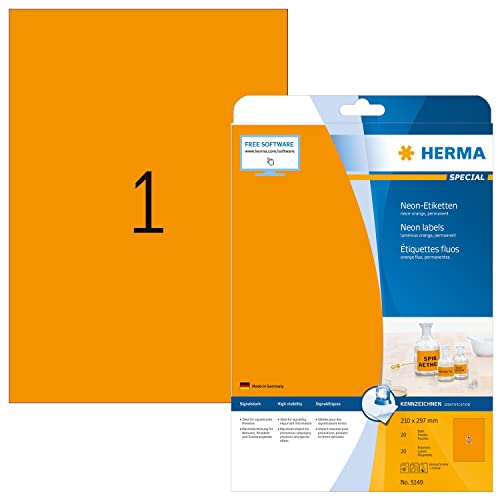 HERMA 5149 Farbige Etiketten neon orange, 20 Blatt, 210 x 297 mm, 1 pro A4 Bogen, 20 Stück, selbstklebend, bedruckbar, matt, blanko Papier Neon-Etiketten Farbaufkleber von HERMA