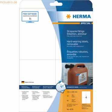 Herma Etiketten 105x148mm Folie weiß wiederablösbar VE=80 Stück von Herma