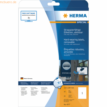 Herma Etiketten 210x297mm Folie weiß wiederablösbar VE=20 Stück Herma Etiketten 210x297mm Folie weiß wiederablösbar VE=20 Stück von Herma