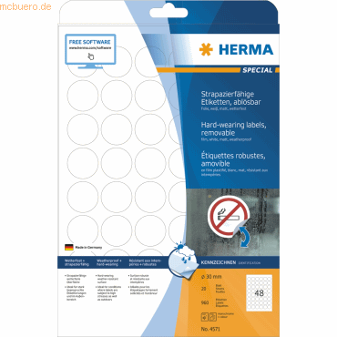 Herma Etiketten 30mm Folie weiß wiederablösbar VE=20 Stück Herma Etiketten 30mm Folie weiß wiederablösbar VE=20 Stück von Herma