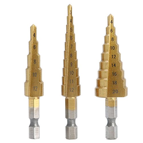 Hermosiey 3 Stueck High-Speed-Stahl-Schritt Bohrer Set Elektrowerkzeuge beschichtet Metall Lochschneider 1/4 Sechskantschaft Antrieb Quick Change 3-12mm / 4-12mm / 4-20mm von Hermosiey